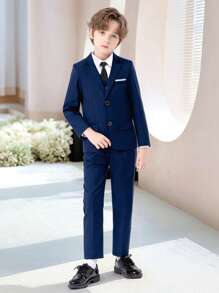 SHEIN Conjunto de 5 piezas de traje de alta gama para niños jóvenes: chaqueta + chaleco + pantalones + camisa + corbata, apto para cumpleaños, boda, invitado de boda, pajecito, niño de las argollas