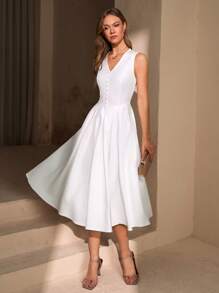 CLARA VERO Vestido midi elegante de mujer con detalle de corsé liso