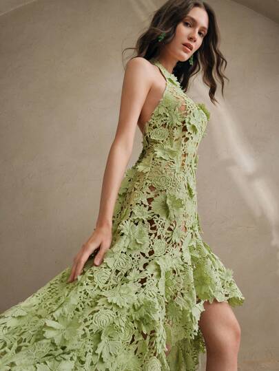 Anewsta Women's Elegant Vacation Beach Stereo Floral Backless Sleeveless Spaghetti Strap Asymmetric Hem Sheer Overlay Dress, Festival Going Out Vacation Outfits For Summer