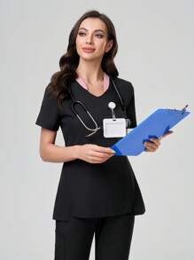 TaskEZ Colorful Spring And Summer Fashion Casual Multi-Functional Multi-Pocket Comfortable Women's Scrub Uniforms, Suitable For Hospitals, Clinics And Pet Hospitals,Short Sleeve Scrub Uniform Set - T-Shirt & Pants, Minimalist Fashion Casual Everyday Wear,Easter Women's Scrub Uniform - Black - View 5