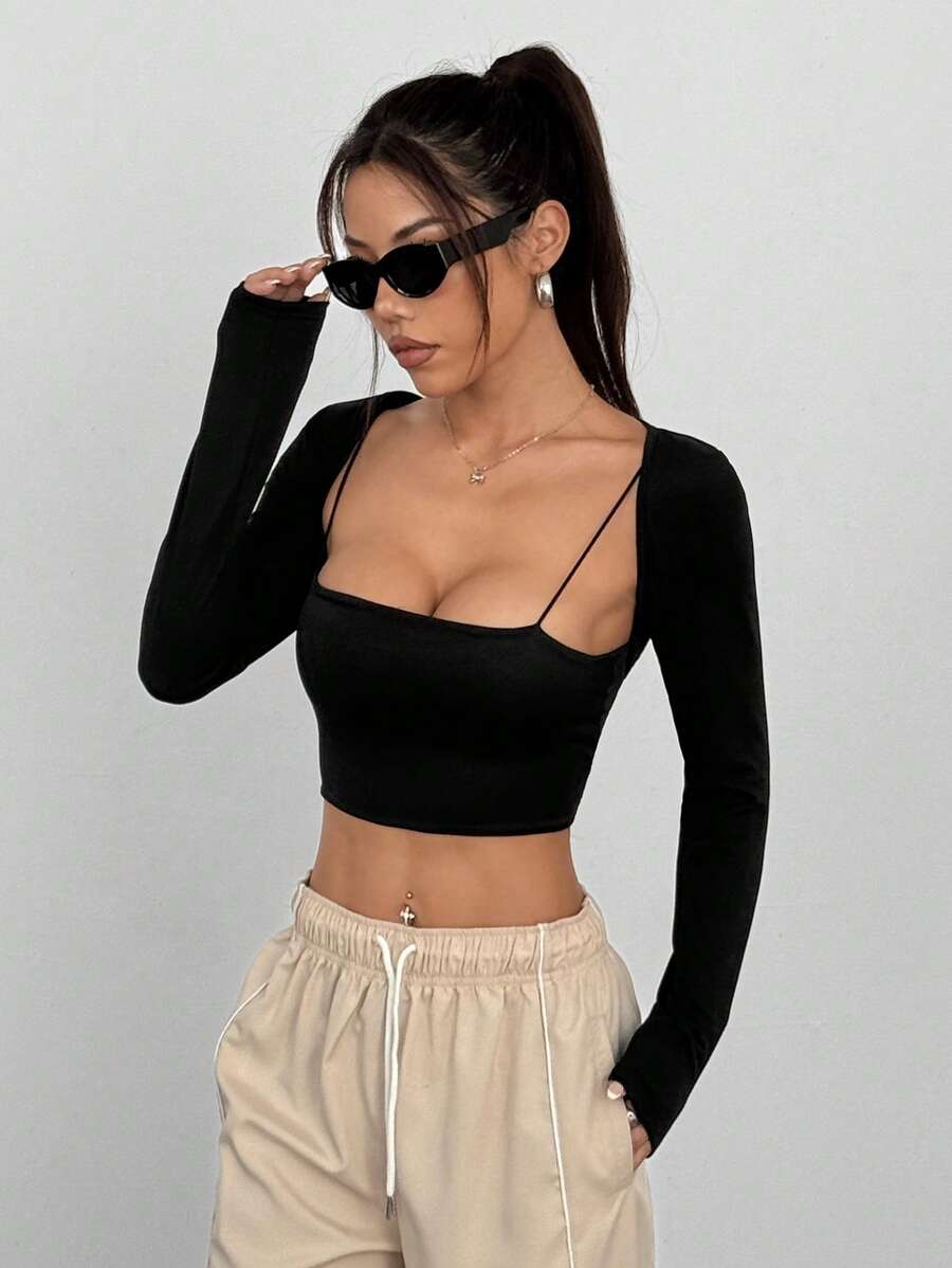 SHEIN PETITE Áo thun tay dài ngắn đa năng cho nữ - màu đen - Xem 1