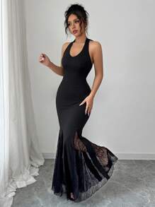 Rafferiza Women's Plunging V-Neck Halter Tie Back Contrast Lace Bodycon Fishtail Dress - Black - View 6