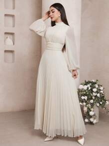 Veilorie 女士纯色领口透明灯笼袖褶边优雅阿拉伯连衣裙 - 黃色 - 查看 4