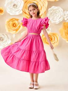 SHEIN Vestido informal para niñas preadolescentes con corte cropped, cuello redondo y mangas con volantes en capas - Rosa Fucsia - Ver 1