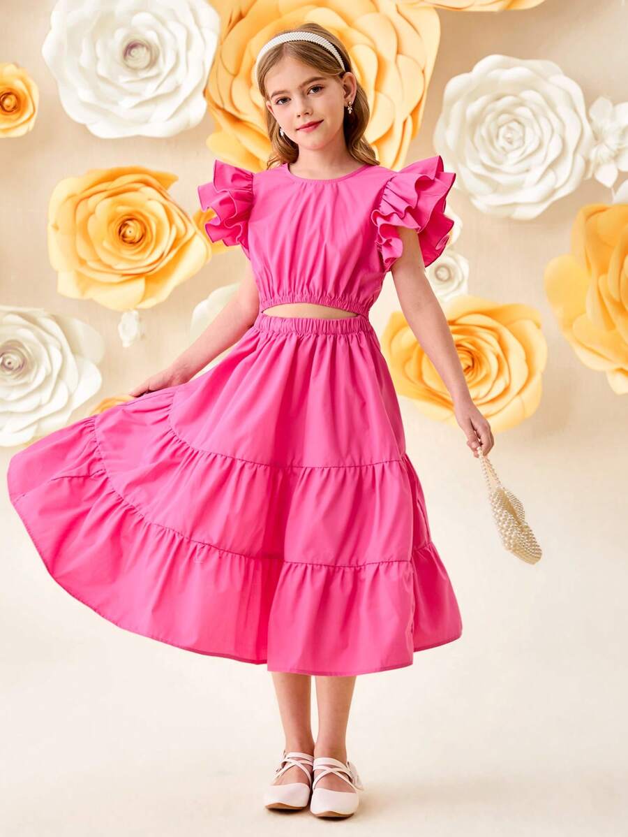 SHEIN Vestido informal para niñas preadolescentes con corte cropped, cuello redondo y mangas con volantes en capas - Rosa Fucsia - Ver 1