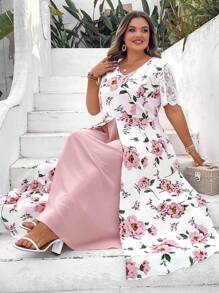 SHEIN CURVE+ 大码女式夏季粉色印花短袖假日长裙，适合派对、婚礼和度假