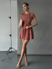 SHEIN Essnce In ấn Chi tiết Nút Đầm - Hồng - Xem 3