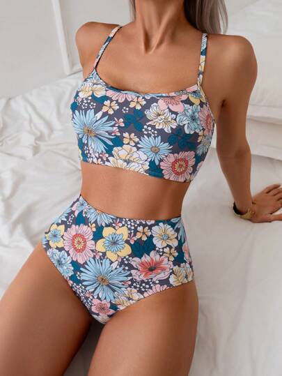 Swim Vcay Women's Beach Vacation Floral Print Casual High Waist Tankini Top For Summer