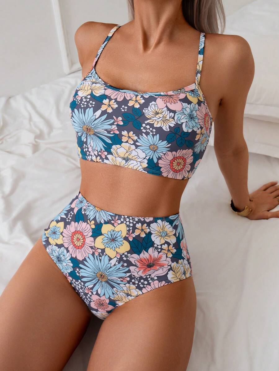 Swim Vcay Women's Beach Vacation Floral Print Casual High Waist Tankini Top For Summer - Multicolor - View 1