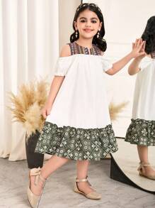 SHEIN Young Girl's Woven Patchwork Color Block Puff Sleeve Cutout Shoulder Dress - White - View 4