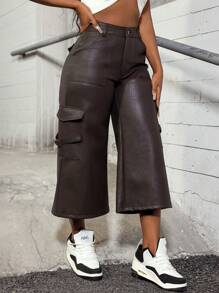 Pantalones capri de pierna ancha con diseño de hebilla ajustable de unicolor para mujeres - Marrón - Ver 6
