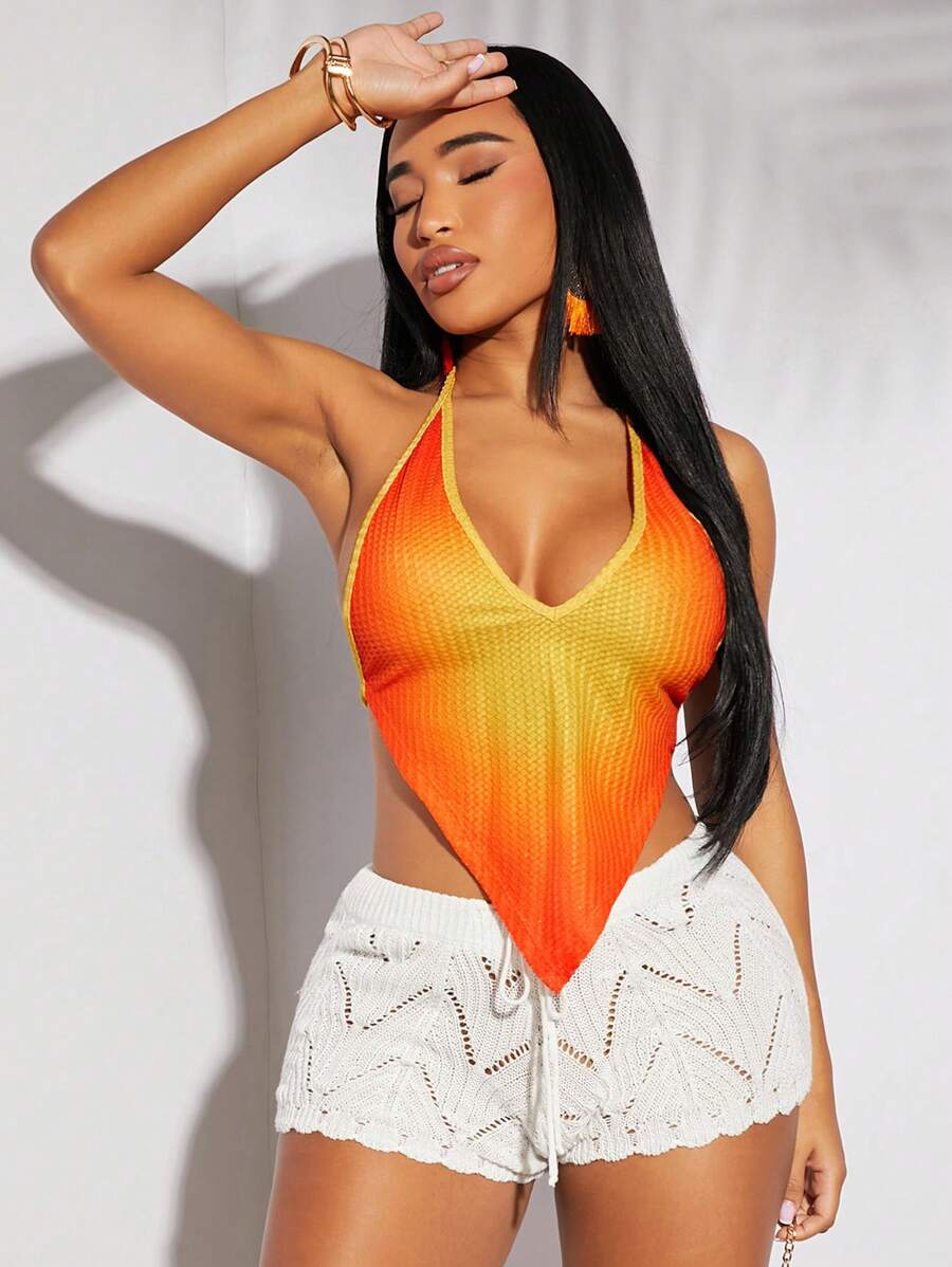 SHEIN SXY 海滩；春夏假期波西米亚风西方服饰女装节日橙黄色针织渐变印花挂脖方下摆背心 - 彩色 - 查看 1
