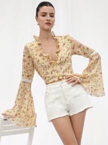 Femmeiva Women's Yellow Ditsy Floral V-Neck Frill Blouse,Autumn Boho Holiday Tea Party Long Flared Sleeve Lace Embellished Waist-Cinched French Vintage Top - Yellow - View 1