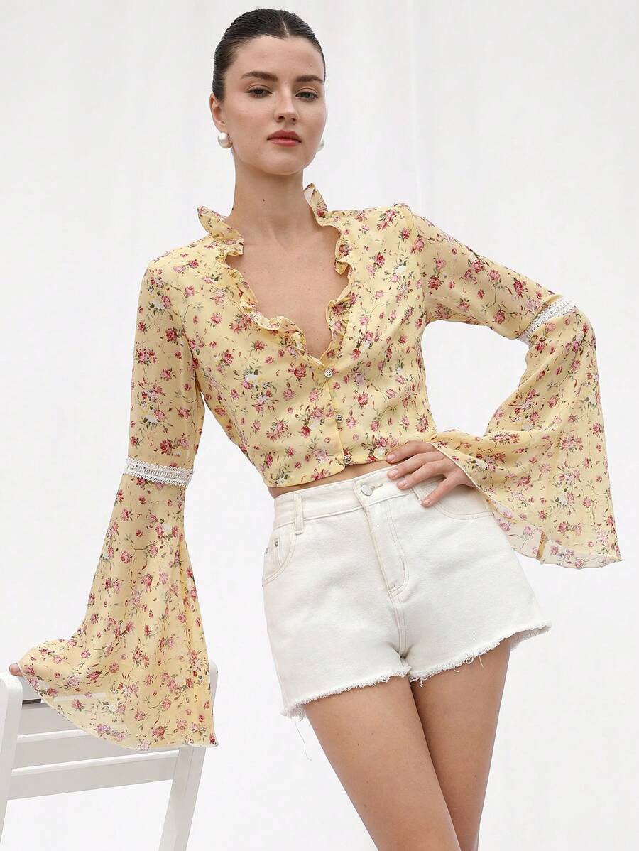 Femmeiva Women's Yellow Ditsy Floral V-Neck Frill Blouse,Autumn Boho Holiday Tea Party Long Flared Sleeve Lace Embellished Waist-Cinched French Vintage Top - Yellow - View 1