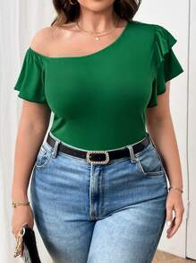 Rometta Plus Size Women Casual Versatile Open Shoulder Double Layer Ruffle Sleeve Bodycon Short Sleeve T-Shirt