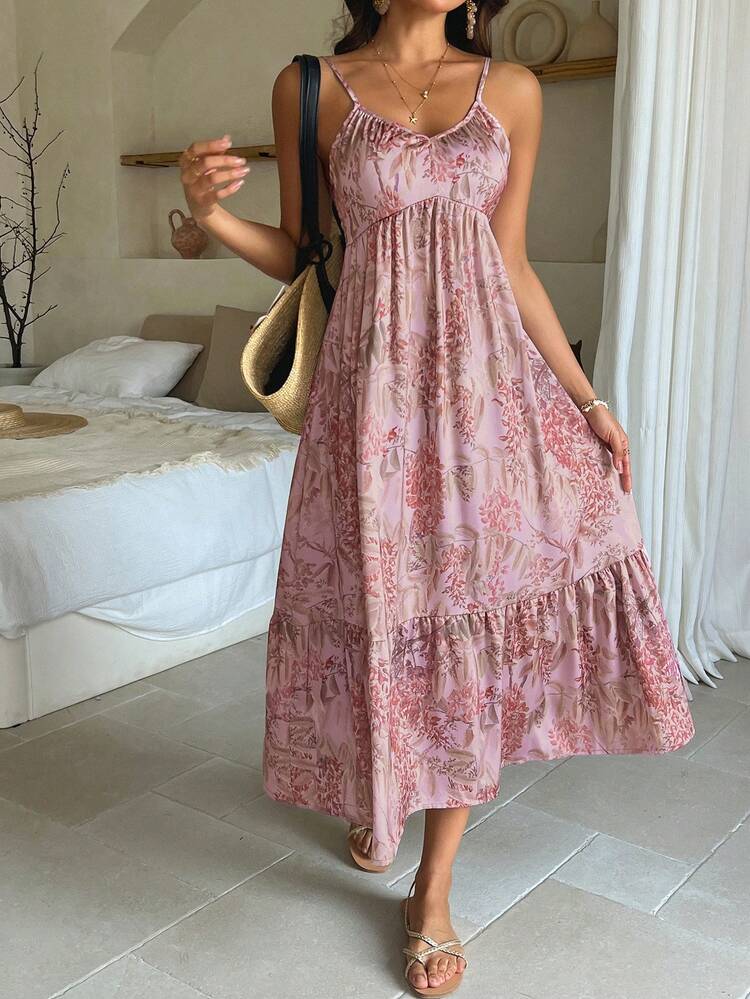 Women's Vacation Casual Tropical Plant & Ditsy Floral Tie Strap Cinched Waist Long Swing Dress Maxi Dress Boho