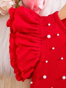 Top corta con cuello redondo, de unicolor y con apliques de cuentas para niñas jóvenes