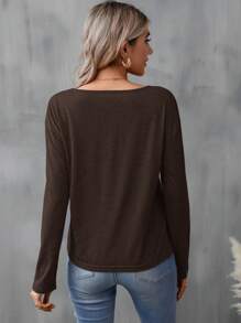 SHEIN LUNE 纽约美国格言图案 V 领长袖 T 恤，适合春秋季节 - 棕色 - 查看 2