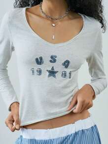 Easelle Spring/Summer Going Out Light Grey Letter & Number Print Embroidered Knit Fitted Women's T-Shirt