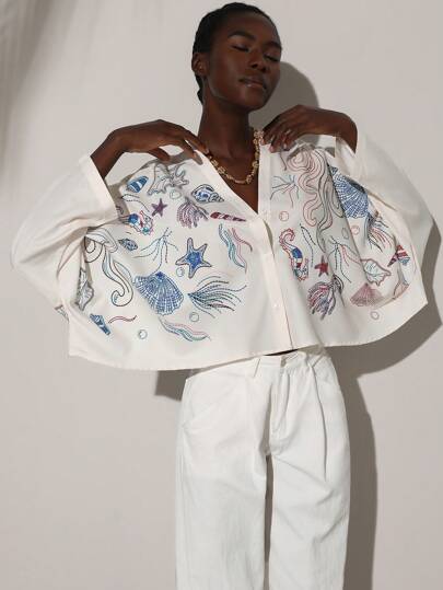 Frievida Oversized V-Neck Thin Sunscreen Jacket With Embroidered Ocean World & Botanical Pattern, Loose High Waist Long Sleeve Women Shirt Fall Cloth For Women