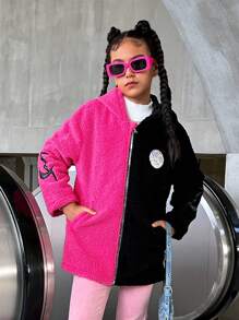 SHEIN Chaqueta de manga larga con cremallera, de color block, de para niñas preadolescentes - Negro - Ver 3