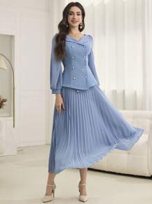 Modelyn 2pcs Women's Lantern Sleeve Double-Breasted Top And Pleated Skirt Set