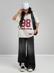 Coolane 女士春夏节日复古街头运动服数字印花超大棒球球衣 T 恤 - 米色 - 查看 4