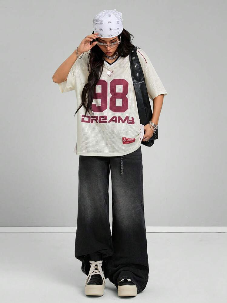 Coolane Women's Summer Festival Vintage Streetwear Sportswear Number Printed Oversized Baseball Jersey T-Shirt - Beige - View 4