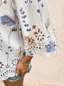 SHEIN LUNE 大码花卉印花荷叶边领镂空下摆休闲衬衫