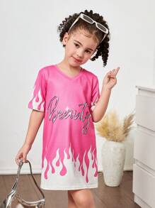 Young Girl Fitted Knit Dress With Letter Pattern, Round Neck - Red - View 4