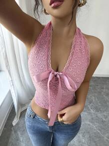 Elenzga Camiseta de tirantes sexy para mujer con cuello en V profundo, bordado floral 3D y detalle de lazo con encaje - Rosa - Ver 5