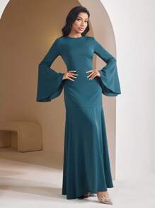 Veilorie Women's Solid Color Round Neck Flared Bell Sleeve Ruffle Hem Dress, Elegant - Dark Green - View 6