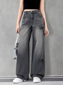 Teen Girl Fashionable Bow Decor Washed Straight Wide Leg Jeans - Dark Grey - View 6