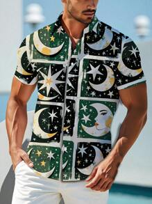 Manfinity Dauomo Men's Casual Star & Moon Print Short Sleeve Shirt, Summer - Multicolor - View 3