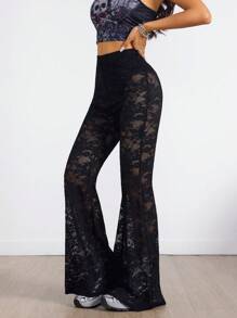 Coolane Pantalones acampanados con encaje retro sexy para mujer, ideal para primavera - Negro - Ver 6