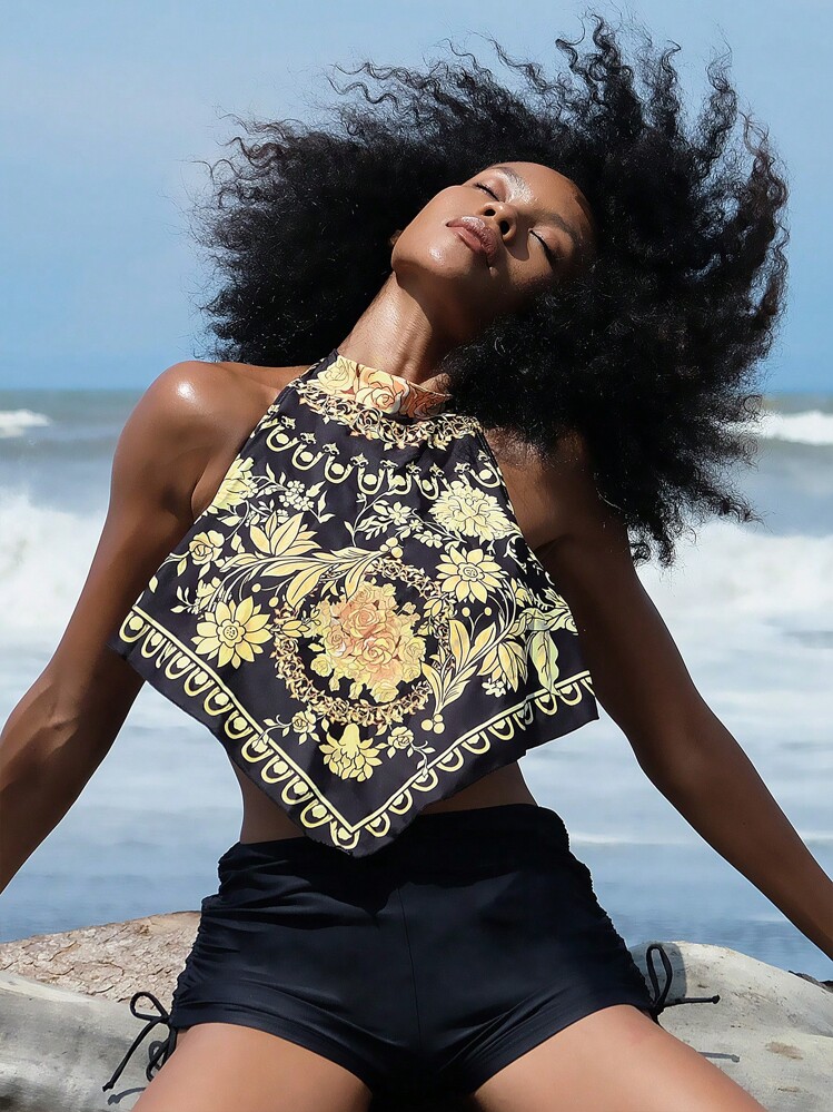SHEIN Swim Conjunto de tankini de top con estampado floral/botánico retro y shorts de natación con cordón para mujer, nuevo traje de baño de verano para vacaciones en la playa - Negro - Añade 6