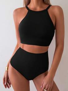 Swim Basics 2pcs Women Black High Waisted Casual Vacation Bikini Set Bikini Set For Summer - Black - View 3