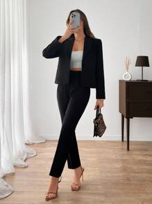 EURMUSE Casual Business Solid Color Jacket & Pant Suit Set - Black - View 1