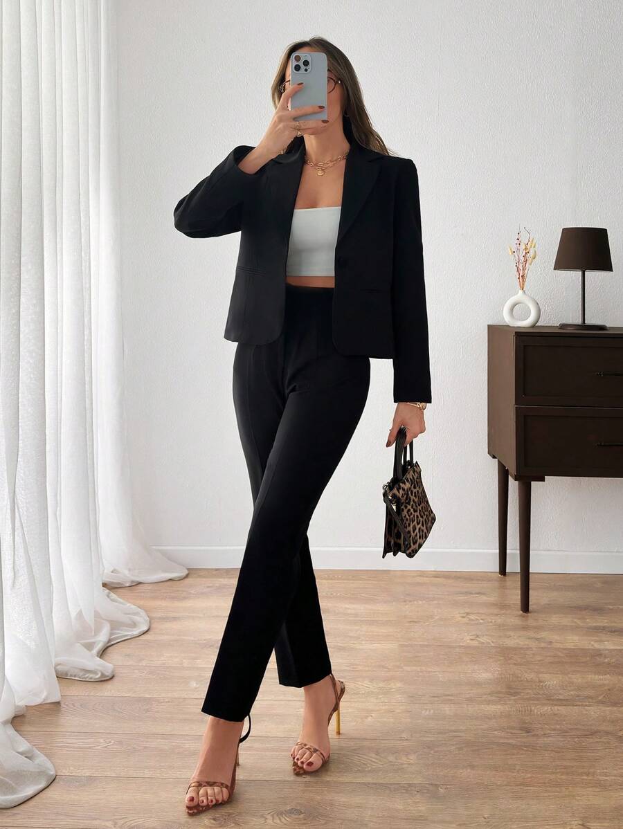 EURMUSE Casual Business Solid Color Jacket & Pant Suit Set - Black - View 1