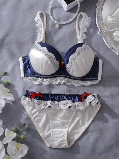 Princess Sweet Ruffle, Contrast Color, Bow Decor Women Lingerie Set, Kawaii