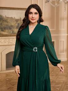 Modelyn 大码纯色长袖休闲连衣裙，简约时尚，适合日常穿着 - 墨綠色 - 查看 5