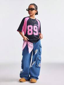 SHEIN Tween Girls Baby Spring/Summer Streetwear Sportswear Number Pattern Patchwork Pink Over Size T-Shirt, Jersey For Girls, Teen Girl Clothes T Shirt Pink 89 Number Pattern Girl Casual Simple Short-Sleeved Round Neck Color Matching T-Shirt, Suitable For Summer - Multicolor - View 5