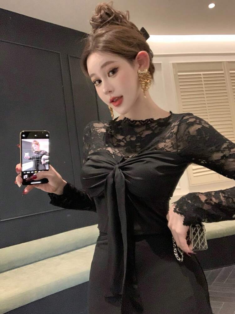 Sexy Fitted Banquet & Wedding Party Sheer Lace & Mesh Patchwork A-Line Drawstring Twist Two Pieces Set For Women,Fall Women Clothes