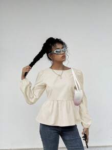 INAWLY Women's Solid Color Bowknot Back Decor Lantern Sleeve Fashion Blouse