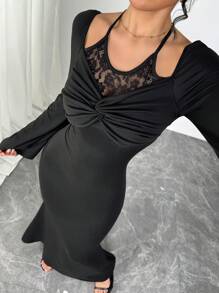 Modelyn Women's Elegant Romantic Lace Crisscross Halter Neck Fitted Party Dress - Black - View 1