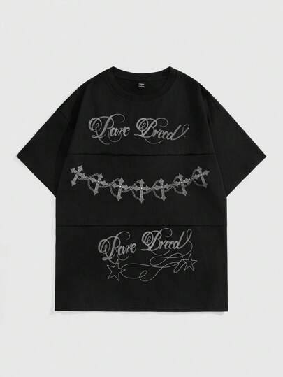 Goth Men's Cross & Letter Print Short Sleeve T-Shirt