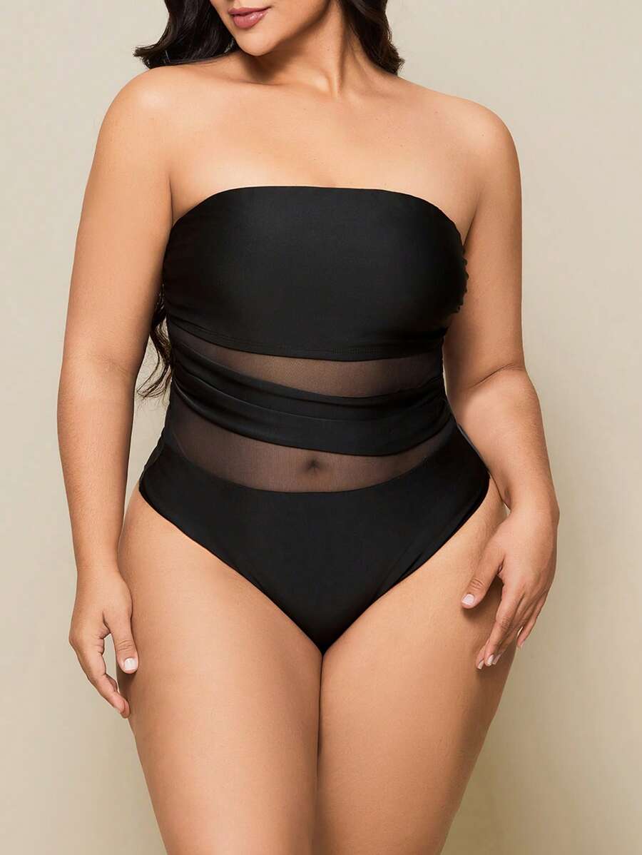 SHEIN Swim Curve Plus Size One Piece Swimsuit With Ruched Mesh Panel, Solid Color, Casual Style For Women, For Summer Beach Vacation - Black - View 1