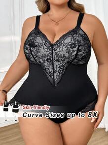 SHEIN CURVE+ Plus Size Lace Patchwork Wide Strap Casual Bodysuit - Black - View 1