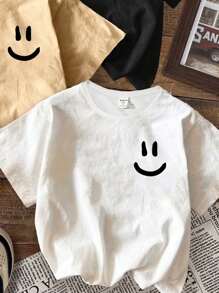 SHEIN 3pcs Young Boy Casual Simple Smiling Face Pattern Round Neck Short Sleeve T-Shirts, Suitable For Summer