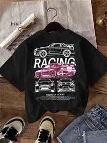 Attitoon Car & Letter Graphic Tee Suitable For Going Out - Black - View 2